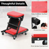 Red 2-in-1 folding mechanic creeper with padded seat, 6 wheels, and easy-to-clean surface for garage use.