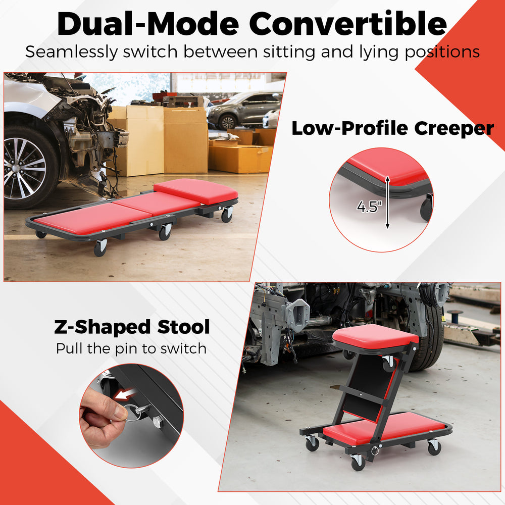 Dual-mode 2-in-1 folding mechanic creeper in red, converts between flat creeper and Z-shaped stool for versatile use.