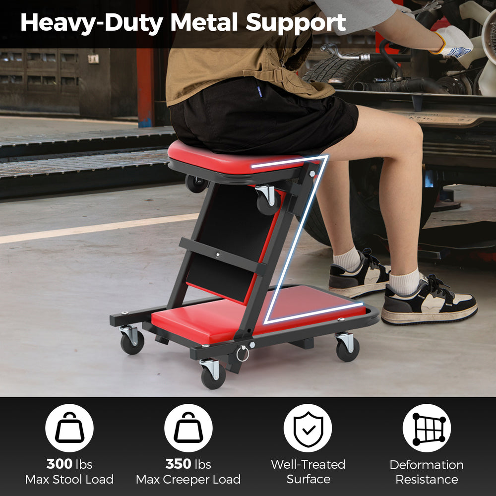 2-in-1 folding mechanic creeper in red with padded seat, heavy-duty metal frame, and 6 wheels for easy mobility.