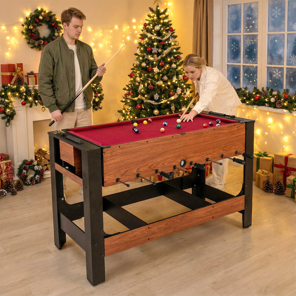 2-in-1 foosball and pool combo table with black and brown finish, featuring smooth velvet cloth and sturdy legs for.