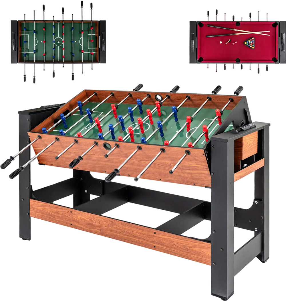 2-in-1 foosball and pool combo table with black and brown finish, featuring ergonomic handles and sturdy legs for.