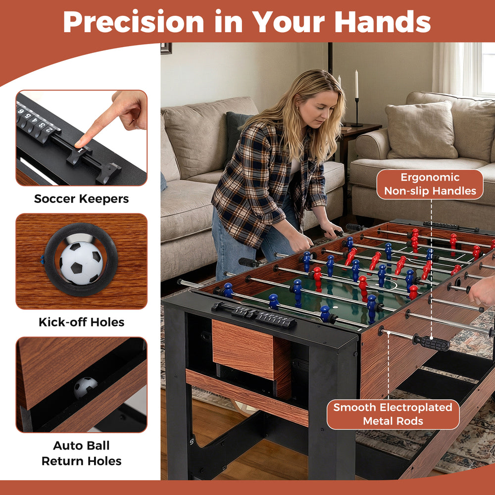2-in-1 foosball and pool combo table with ergonomic handles, smooth rods, and auto ball return for versatile gameplay.