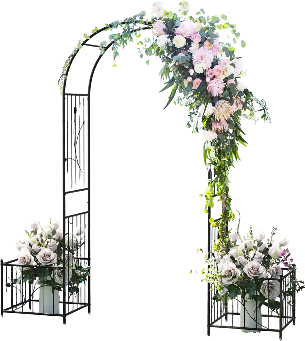 Black 2 in 1 garden arbor with side planters, ideal for climbing plants and outdoor decorations in a patio setting.