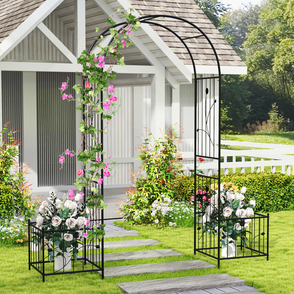 Black 2 in 1 garden arbor with side planters, ideal for climbing plants and outdoor decoration in gardens or patios.