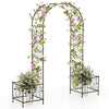 Garden arbor with elegant arc top, two side planters, and climbing vine support, perfect for outdoor weddings and.