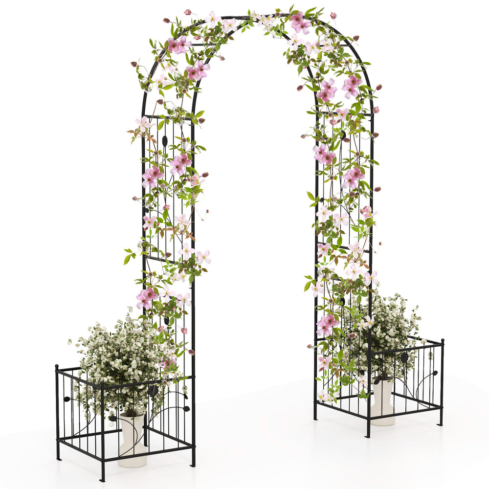 Garden arbor with elegant arc top, two side planters, and climbing vine support, perfect for outdoor weddings and.