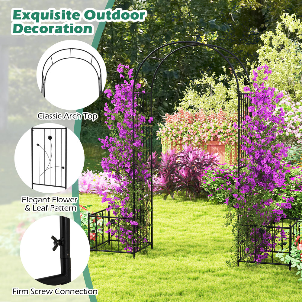 Garden arbor with elegant flower pattern, black metal frame, and side planters for climbing plants and decorations.