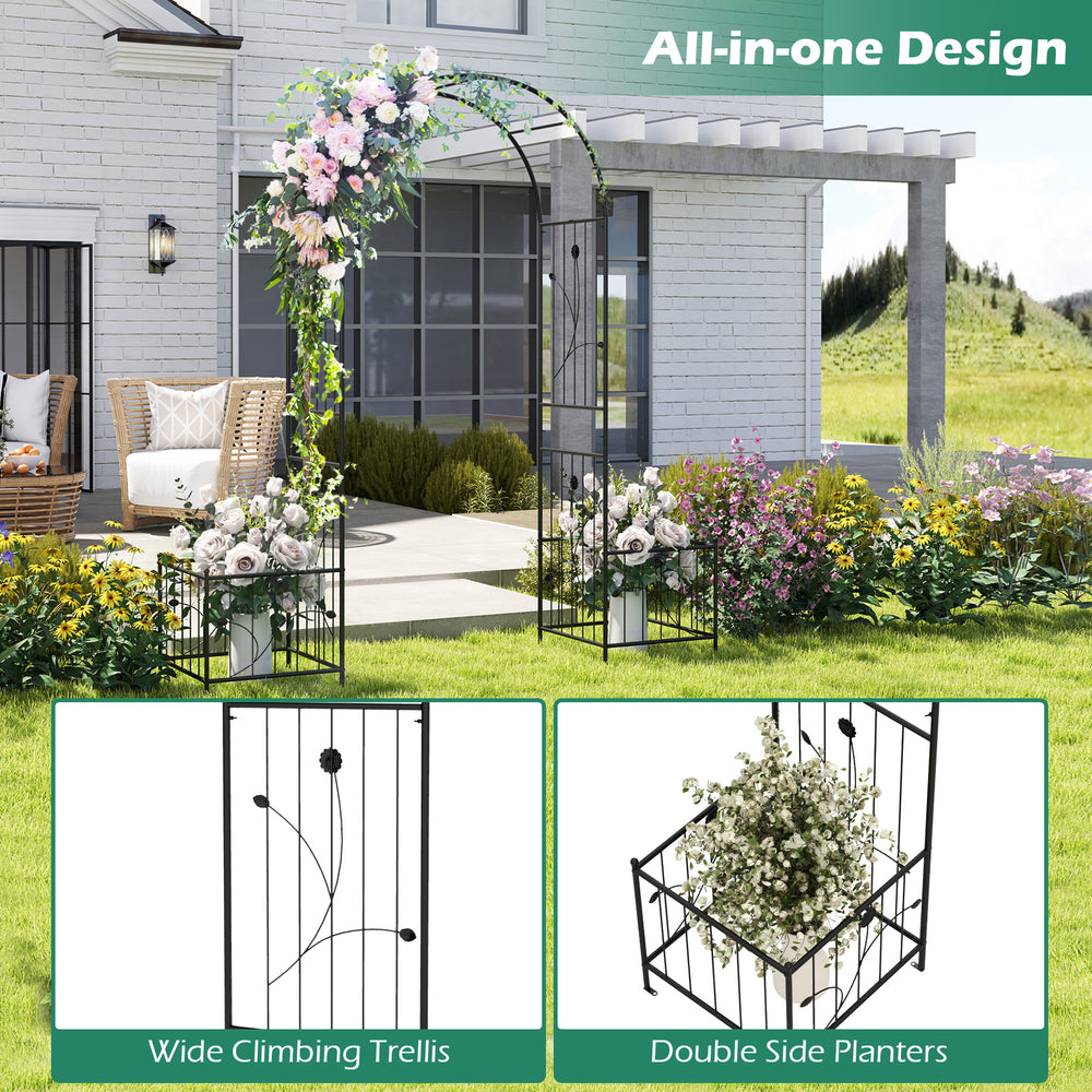 Garden arbor with side planters, black metal design for climbing plants, ideal for weddings and outdoor spaces.