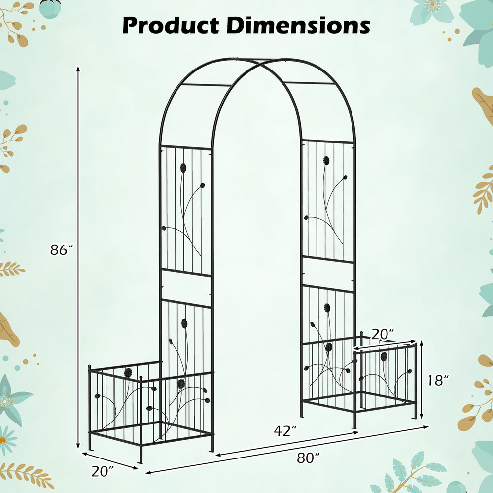 Dimensions of the 2 in 1 Garden Arbor with side planters, designed for climbing plants and outdoor decoration.