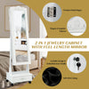Rolling floor standing mirrored jewelry armoire in white with lock, drawers, and adjustable tilt for versatile use.