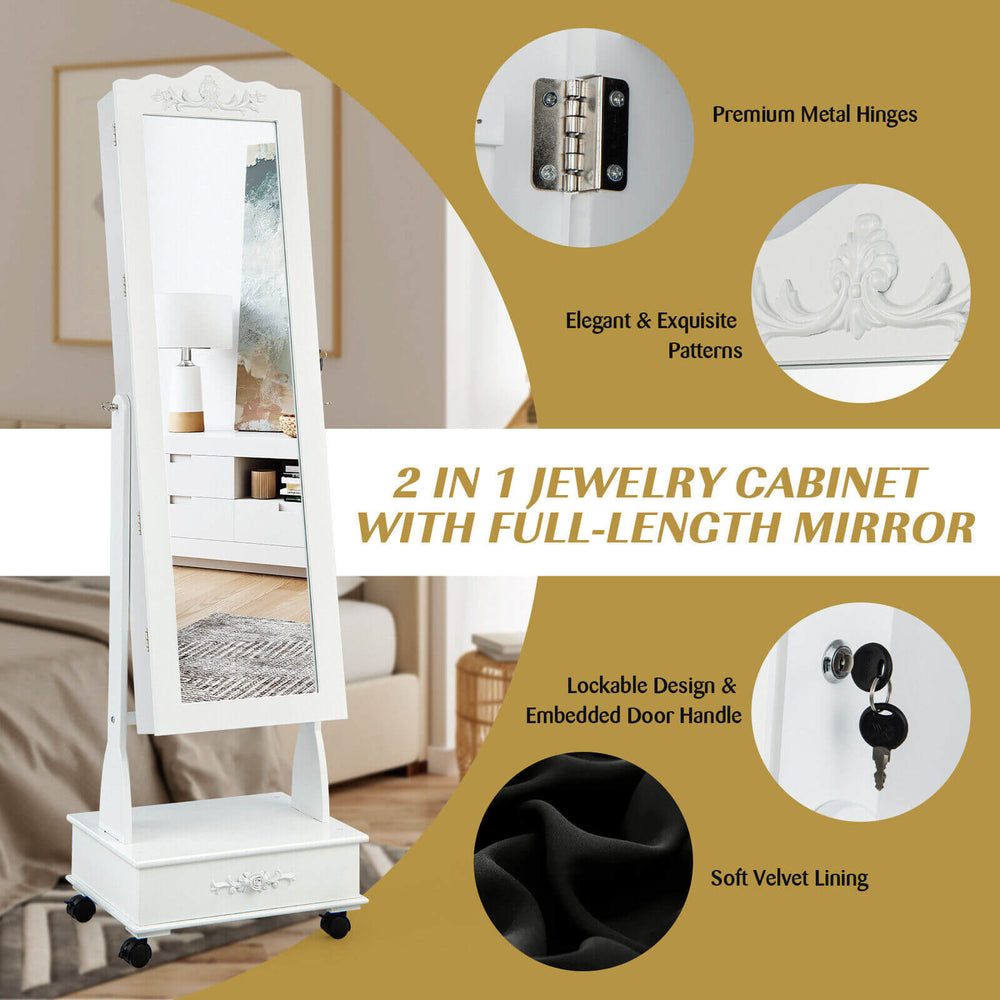 Rolling floor standing mirrored jewelry armoire in white with lock, drawers, and adjustable tilt for versatile use.