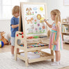 Kids use the 2-in-1 natural wood art easel with a magnetic whiteboard and marble run game for creative play and learning.