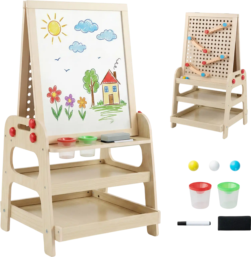 Kids art easel with magnetic whiteboard and marble run game, featuring removable tracks and sturdy A-shaped frame for creativity.