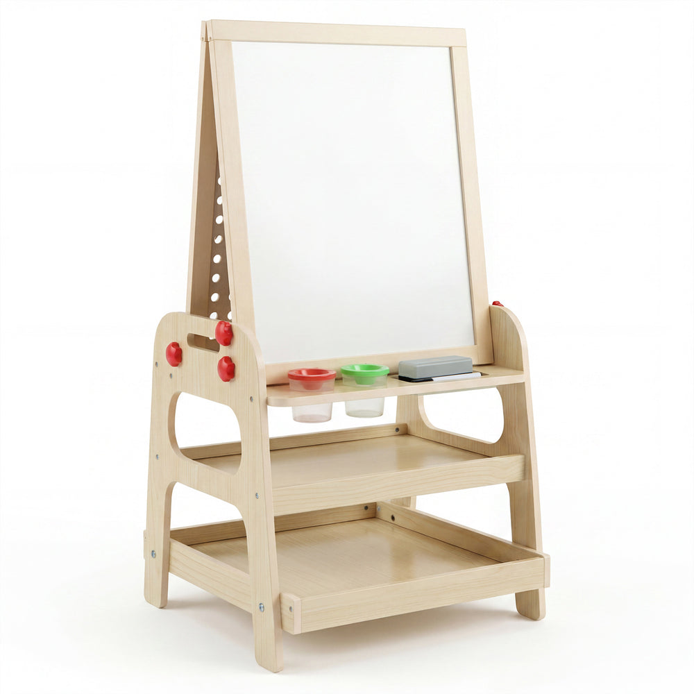 Kids 2-in-1 art easel features a magnetic whiteboard and marble run game, promoting creativity and hands-on skills.