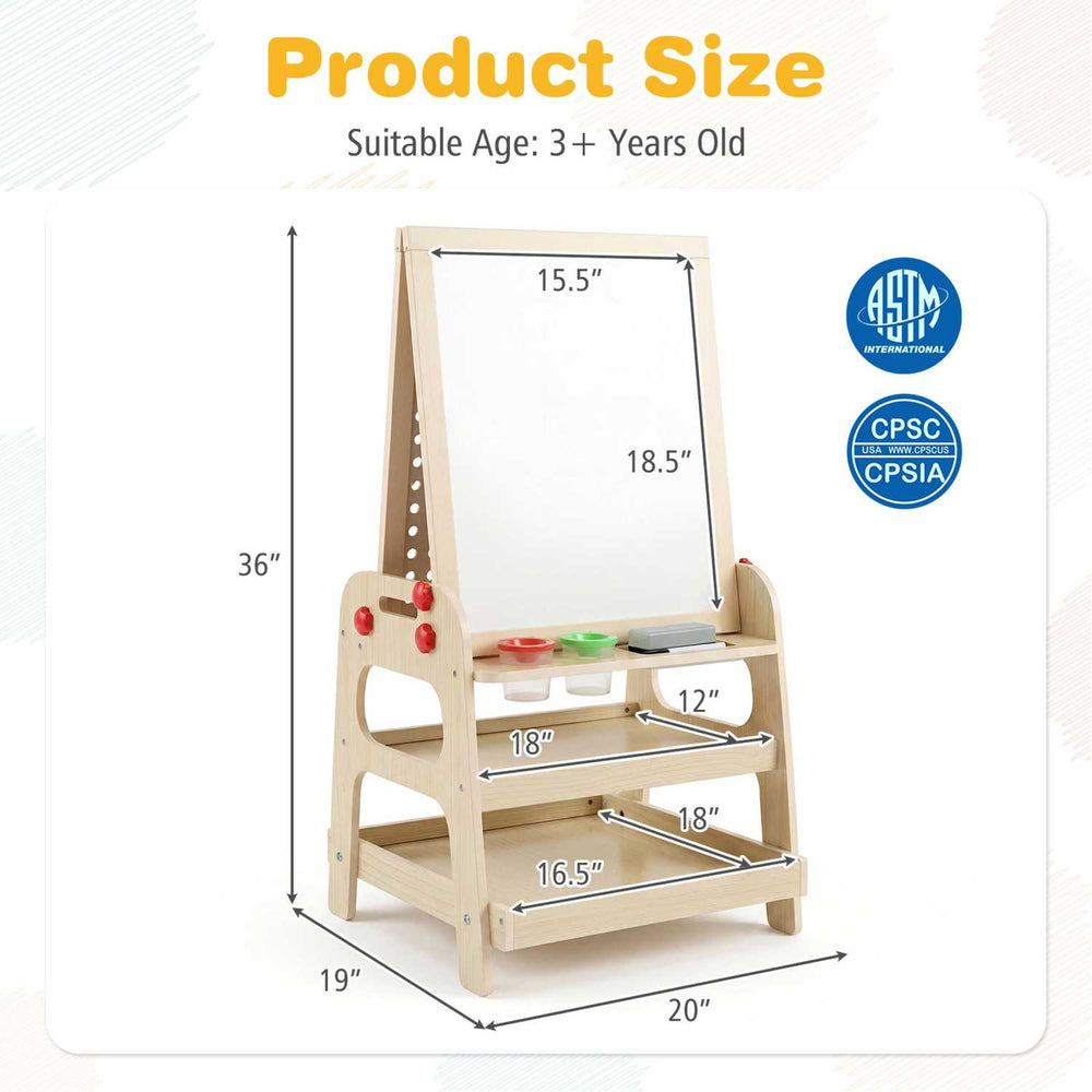 Kids art easel featuring a magnetic whiteboard and marble run game, designed for safety and creativity development.