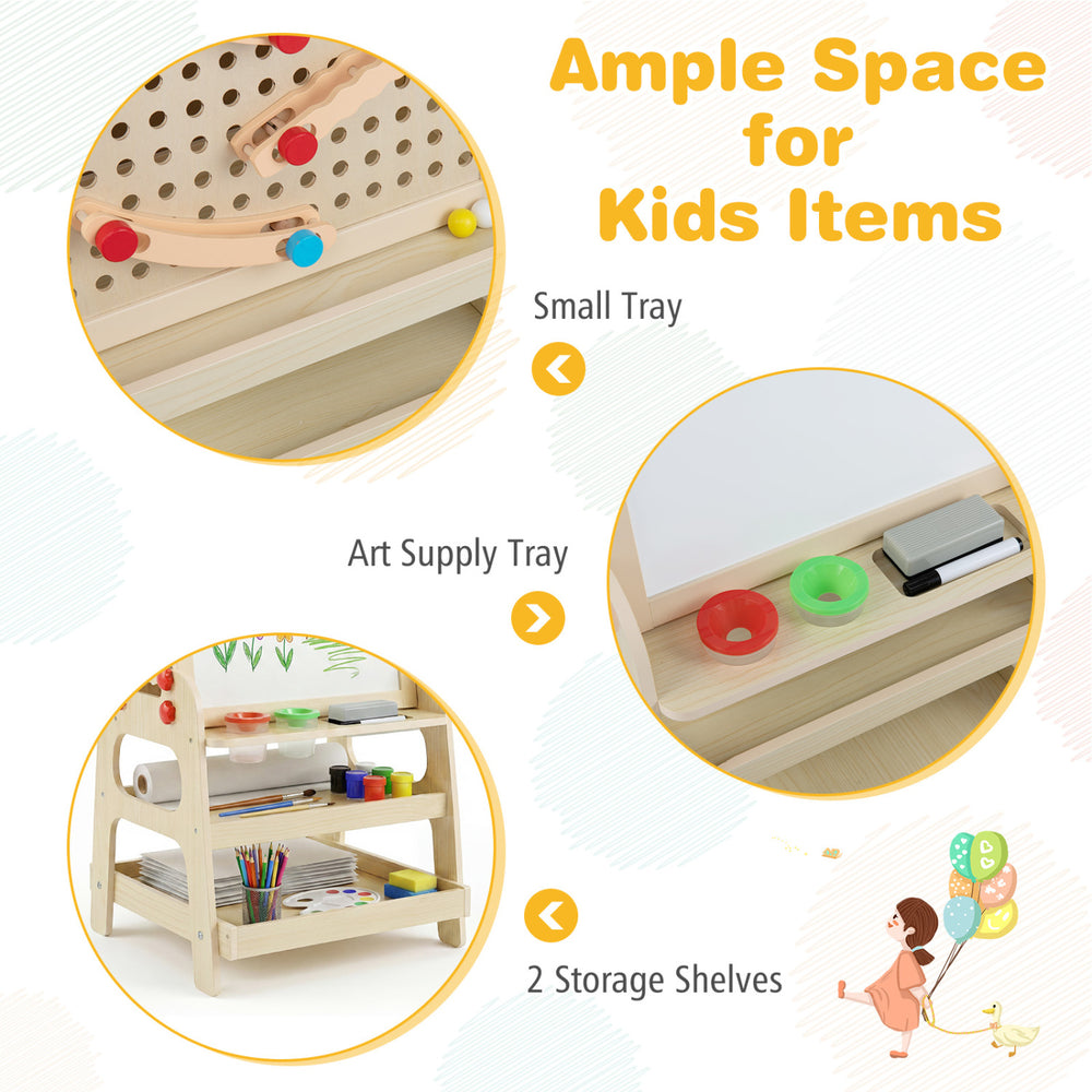 2-in-1 kids art easel features a magnetic whiteboard, removable marble run tracks, and ample storage for art supplies.