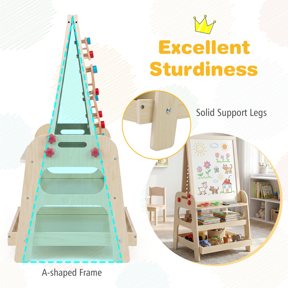 A-shaped frame 2-in-1 kids art easel with magnetic whiteboard and marble run game for creative play and stability.