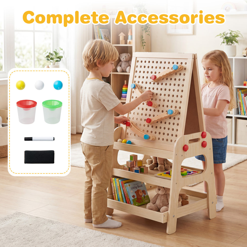 Kids play with the 2-in-1 art easel featuring a magnetic whiteboard and marble run game, promoting creativity and hands-on skills.