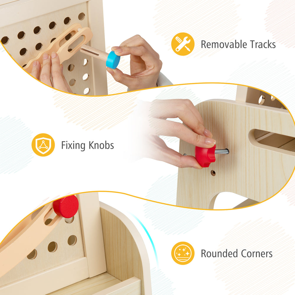 Close-up of fixing knobs and removable tracks on the 2-in-1 kids art easel for enhanced strength and creativity.