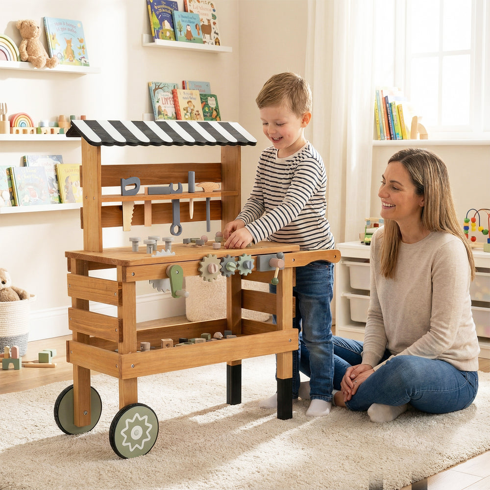 Kids rolling cart with play tools set in brown, featuring a workbench and large wheels for easy mobility and.