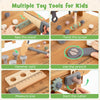 Kids' rolling cart with play tools set, featuring a workbench, saw, screws, and storage for imaginative construction.
