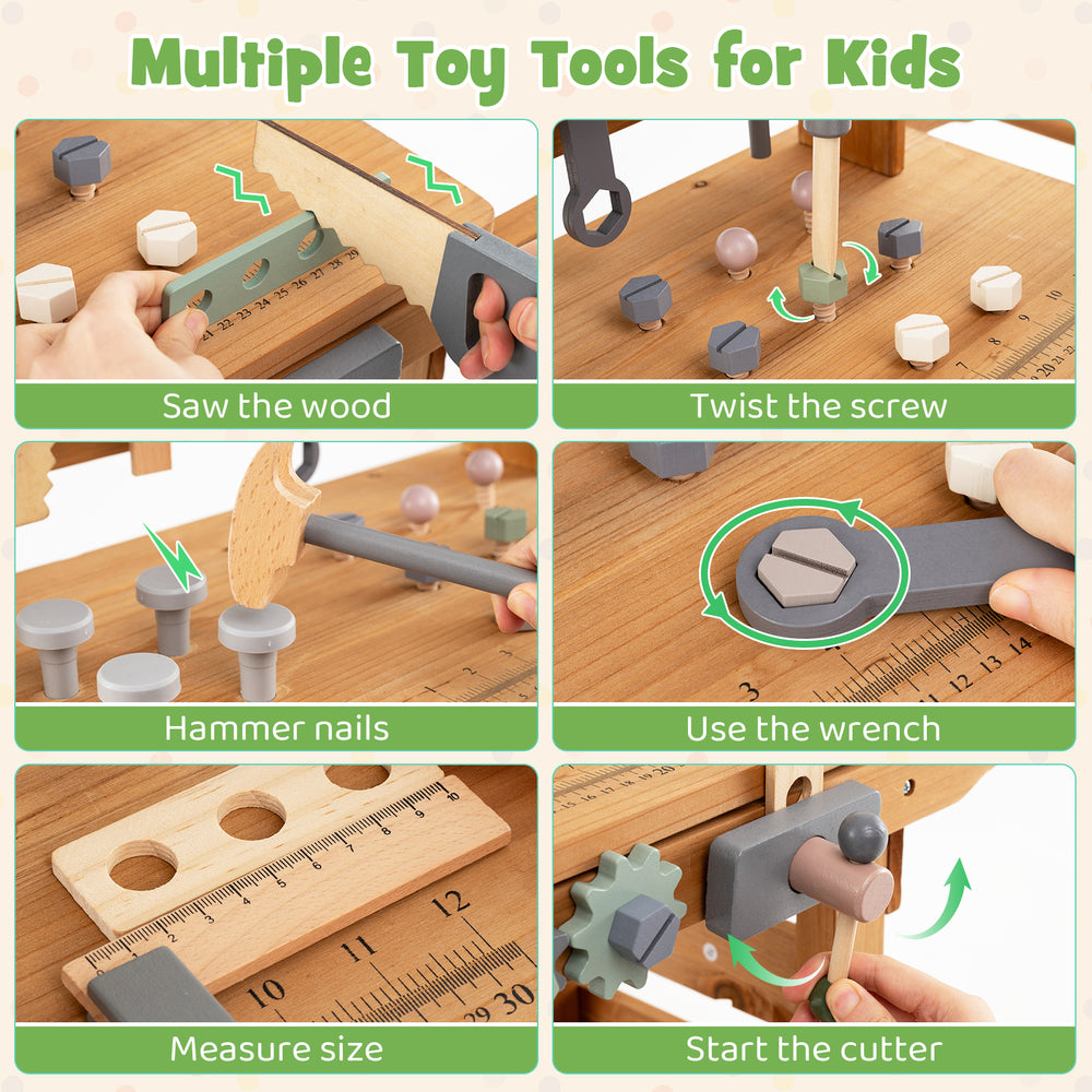 Kids' rolling cart with play tools set, featuring a workbench, saw, screws, and storage for imaginative construction.