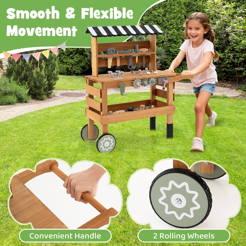 Kids rolling cart with play tools set, featuring a convenient handle and two rolling wheels for easy mobility.