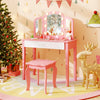Kids vanity table set in pink with tri-fold mirror, lights, and sturdy legs for safe makeup play and study time.