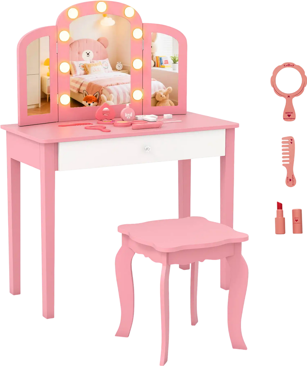 Kids vanity table set in pink with tri-fold mirror, lights, and makeup toys for imaginative play and organization.