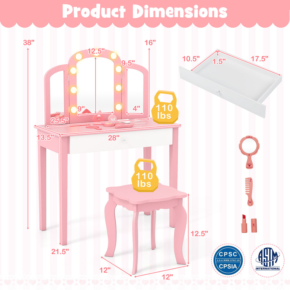 Kids vanity table set in pink with tri-fold detachable mirror, lights, and spacious drawer for toys and accessories.