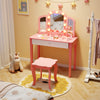 Kids vanity table set in pink with tri-fold mirror, lights, and sturdy design for imaginative play and study time.