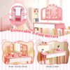 Tri-fold detachable mirror on pink kids vanity table with touch control lights and spacious drawer for organizing.