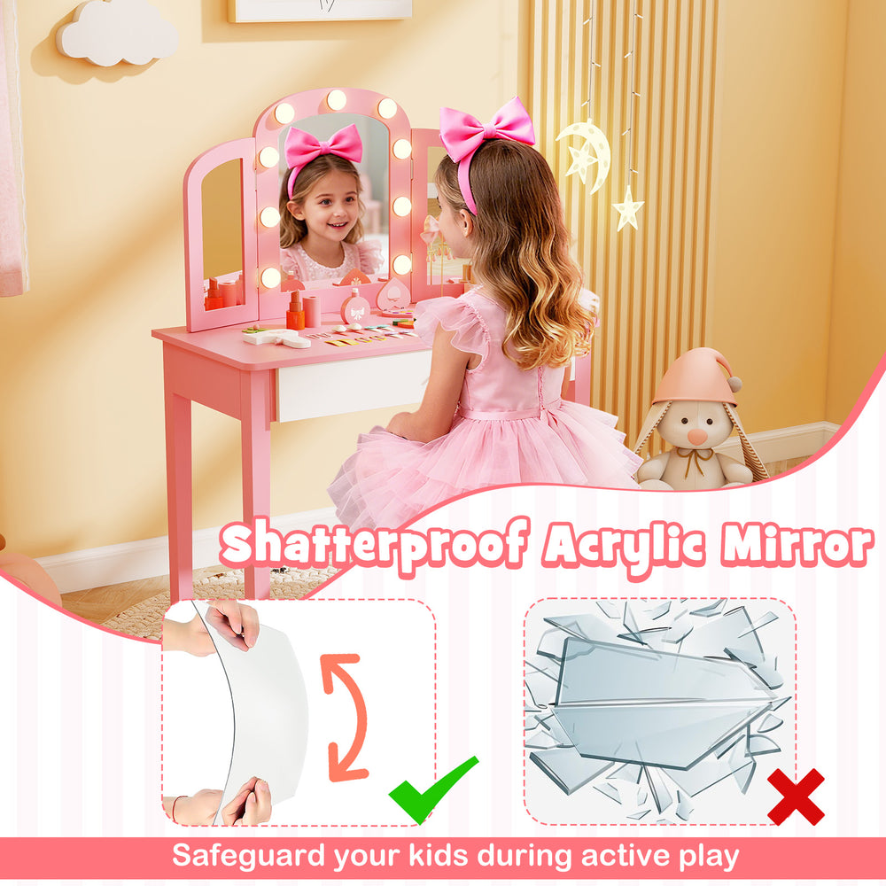 Kids vanity table set in pink with detachable shatterproof mirror and lights, perfect for imaginative play and study.