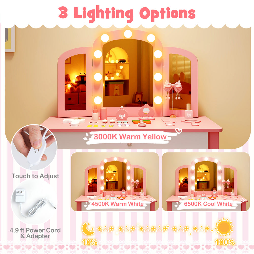 Kids vanity table set in pink with tri-fold mirror, touch control lights, and sturdy pine wood legs for safe play.