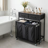 Laundry basket organizer with rustic brown top, featuring 3 sections, 2 removable drawers, and wheels for easy mobility.