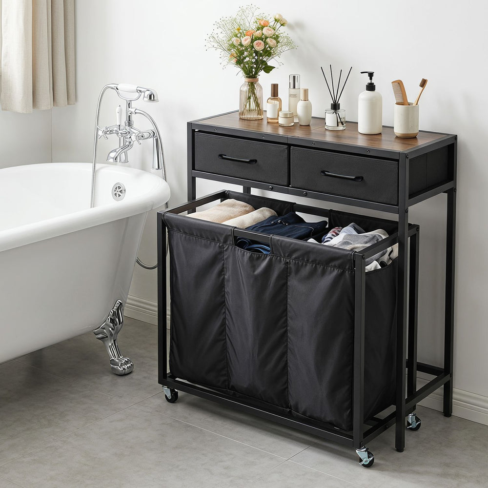 Laundry basket organizer with rustic brown top, featuring 3 sections, 2 removable drawers, and wheels for easy mobility.