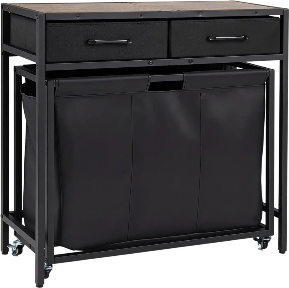 Laundry basket organizer with rustic brown top, featuring 2 removable fabric drawers and 3 sections on wheels for easy sorting.