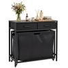 2-in-1 laundry basket organizer with rustic brown top, featuring 3 sections, 2 removable fabric drawers, and wheels for mobility.