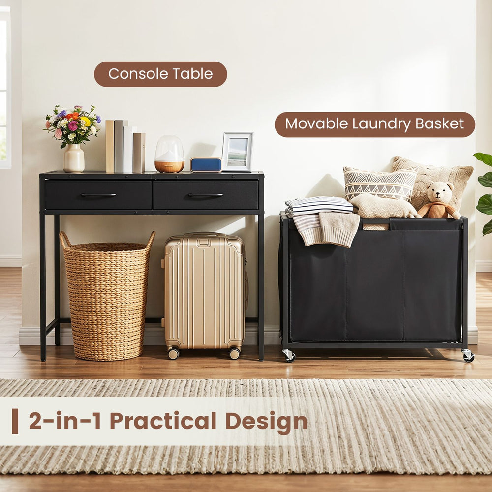 Console table with movable laundry basket, featuring 3 sections, 2 fabric drawers, and wheels for easy mobility.