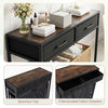 Laundry basket organizer featuring a rustic brown top, 2 removable fabric drawers, and 3 sections for convenient sorting.