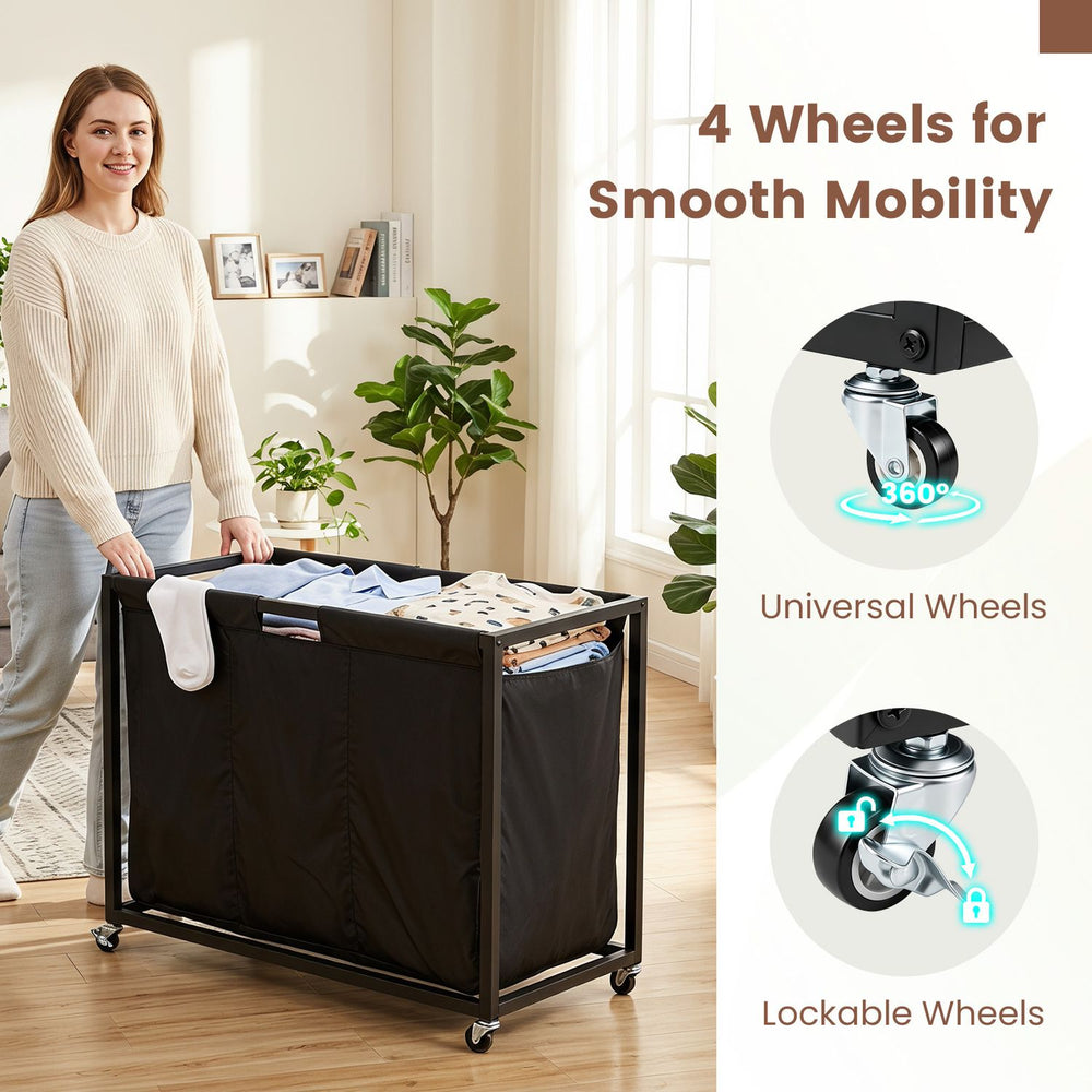 Laundry basket organizer with 3 sections, removable fabric drawers, and 4 wheels for easy mobility in rustic brown.