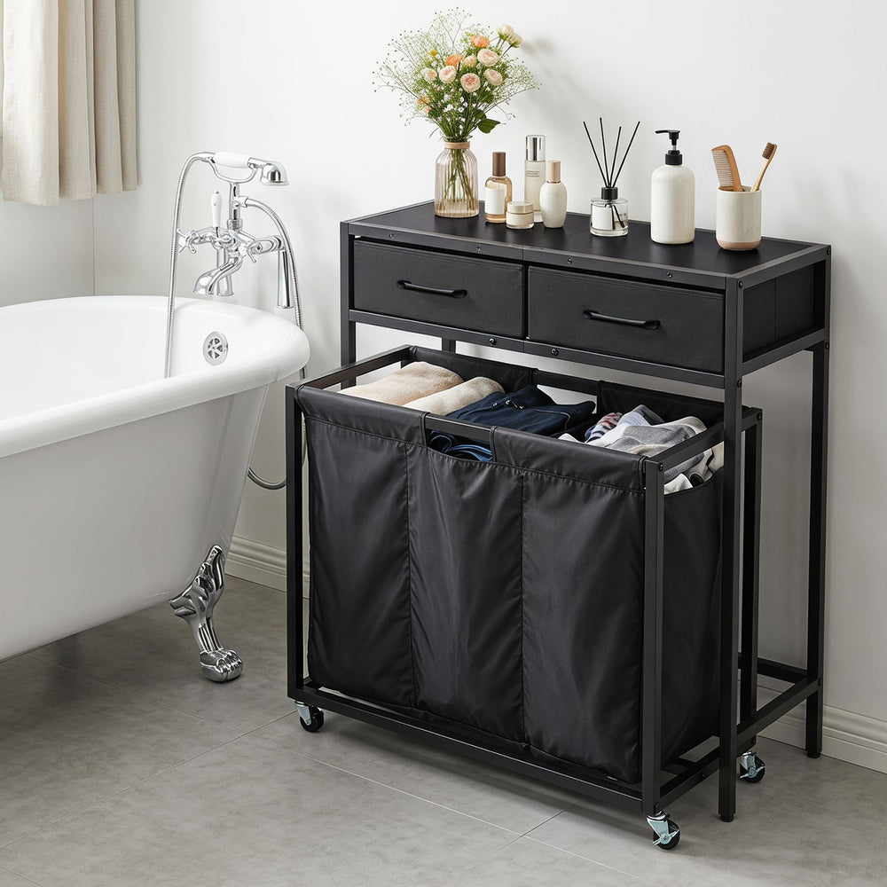 2-in-1 Laundry Basket Organizer with 2 Removable Fabric Drawers 3 Sections and Wheels-Black - Gallery View 1 of 10