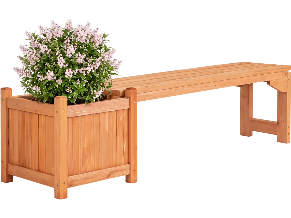 Outdoor bench with raised garden bed made of fir wood, seating 2 people, perfect for gardens and backyards.