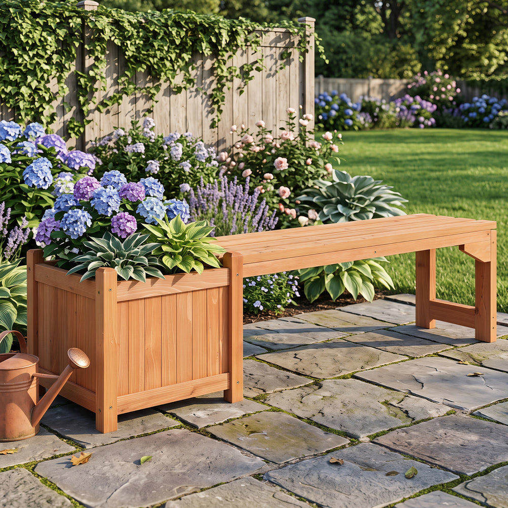 Outdoor bench with raised garden bed, made of fir wood, seats 2 people and features detachable bottom plates for drainage.