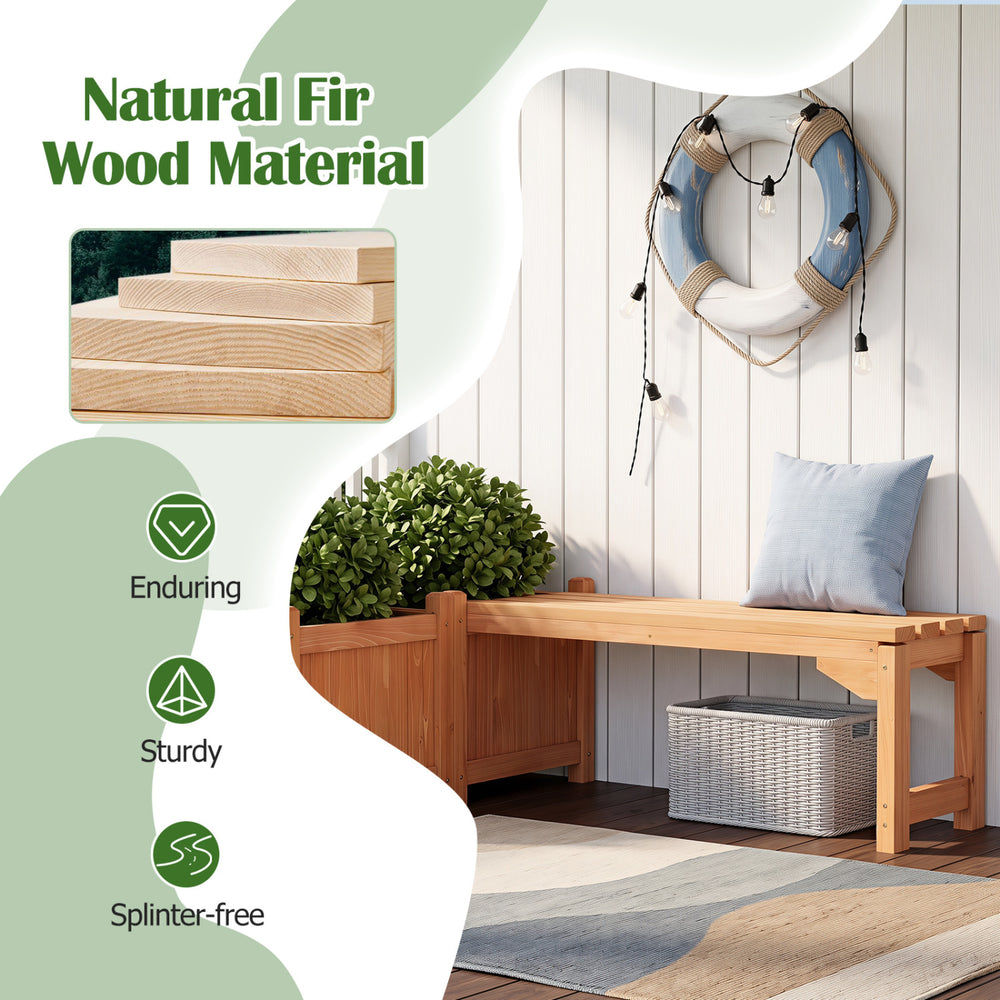 Outdoor bench with raised garden bed made of sturdy fir wood, featuring a slatted seat and detachable bottom plates for drainage.