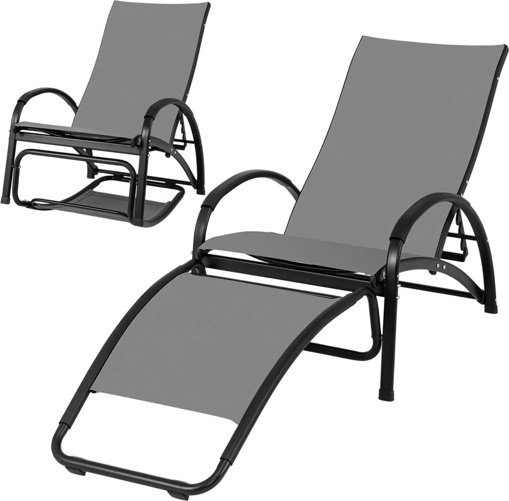 Gray 2-in-1 outdoor rocking chair with adjustable backrest, perfect for patio or poolside relaxation.