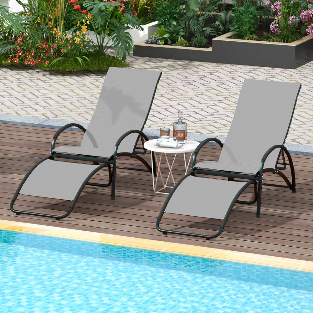 Two gray 2-in-1 outdoor rocking chairs with adjustable backrests, perfect for relaxing by the poolside.