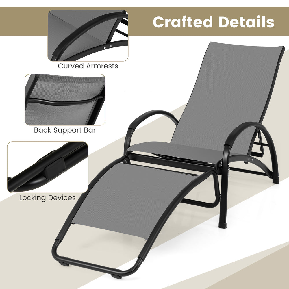 Gray 2-in-1 outdoor rocking chair with adjustable backrest, curved armrests, and sturdy aluminum frame for patio use.
