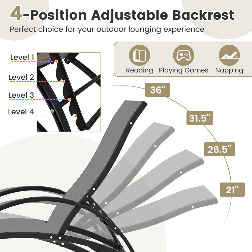 4-position adjustable backrest of the gray 2-in-1 outdoor rocking chair for versatile lounging and relaxation.