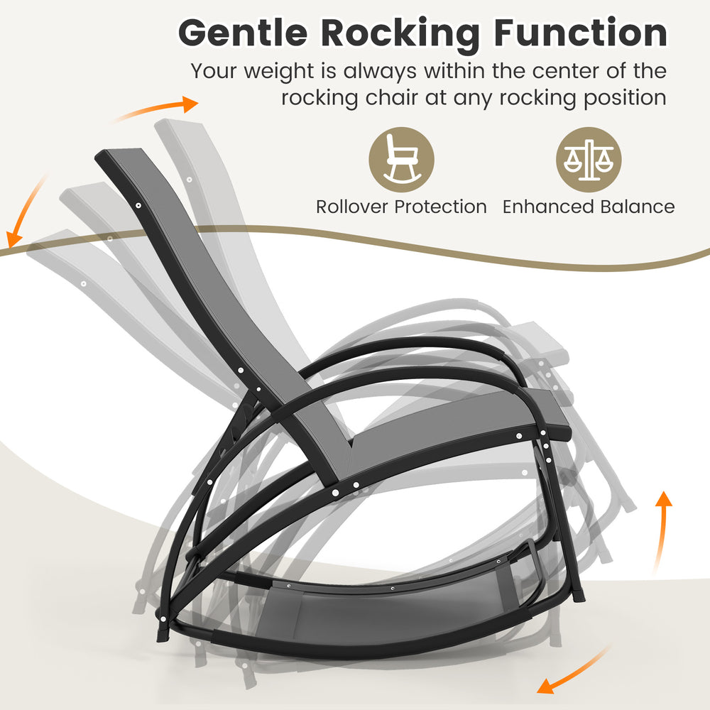 Gray 2-in-1 outdoor rocking chair showing gentle rocking function and adjustable backrest for versatile patio use.